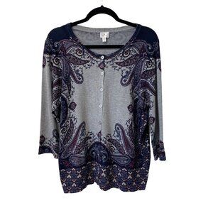 DRESSBARN CARDIGAN SWEATER FLORAL PAISLEY 3/4 SLEEVE STRETCHY WOMEN'S 1X GRAY